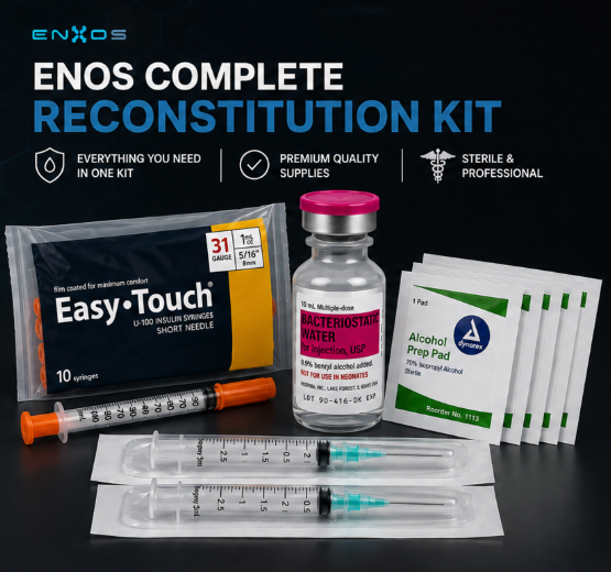 ENOS Complete Reconstitution Kit β bacteriostatic water, insulin syringes, mixing syringes and sterile wipes
